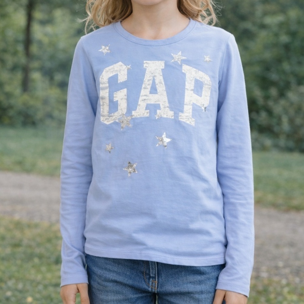 GAP Girls Light Blue Long Sleeve Logo Tee with Stars size 8 girls